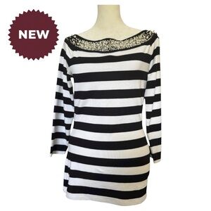 White House Black Market Stripe Black & White Bateau Holiday Dressy Top NWT